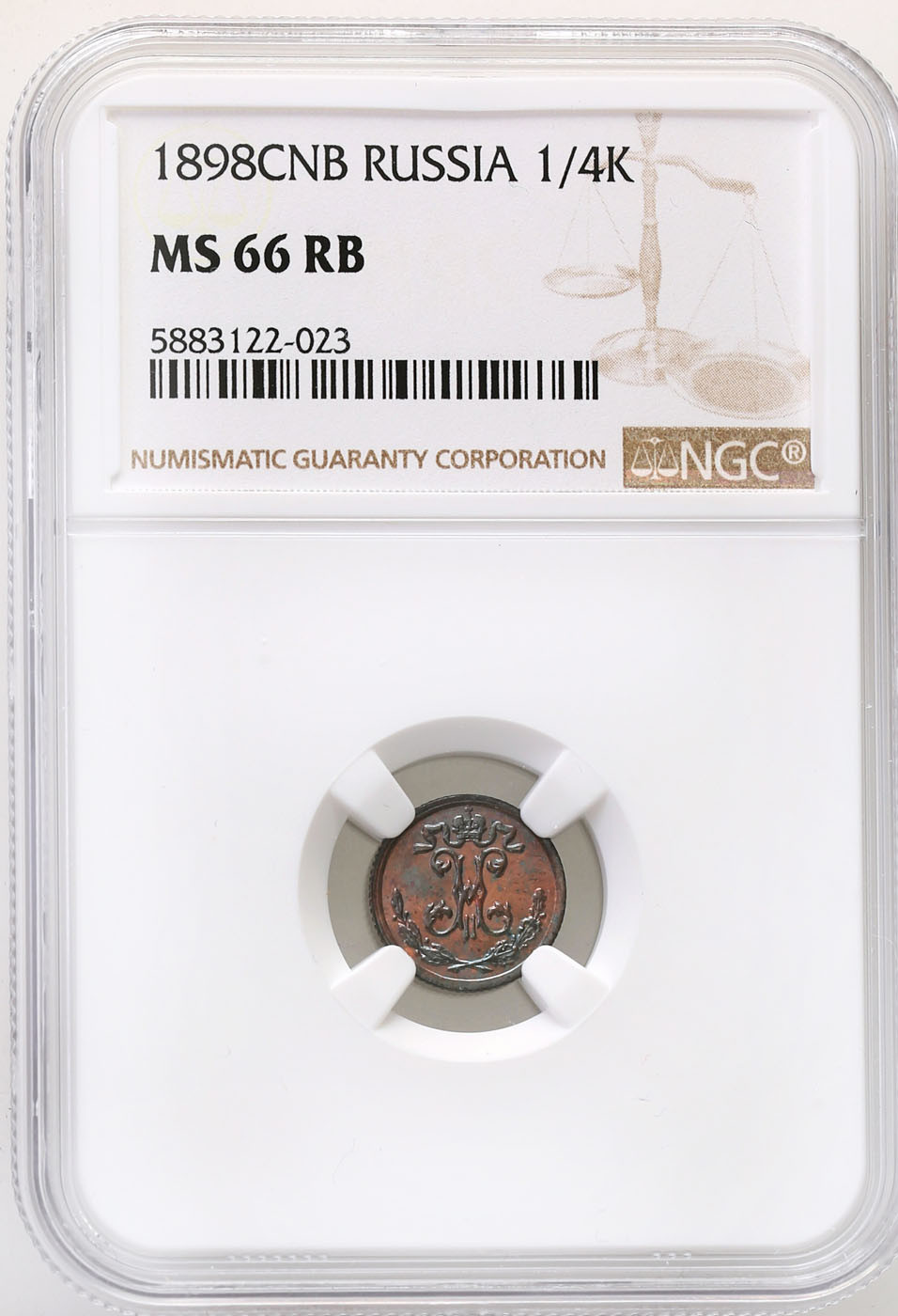 Rosja. Mikołaj II. 1/4 kopiejki 1898 СПБ, Birmingham NGC MS66 RB